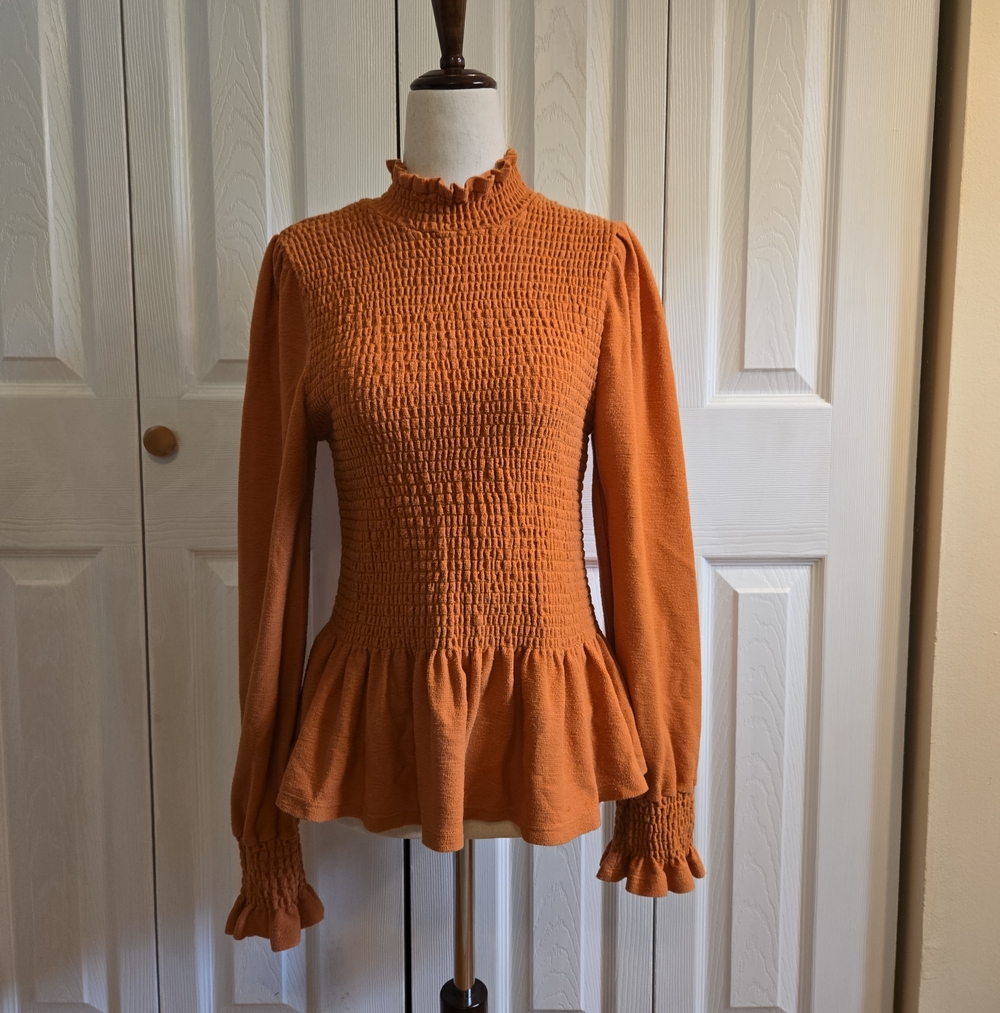 Ruffled Mock-Neck Smocked Peplum Top - Orange